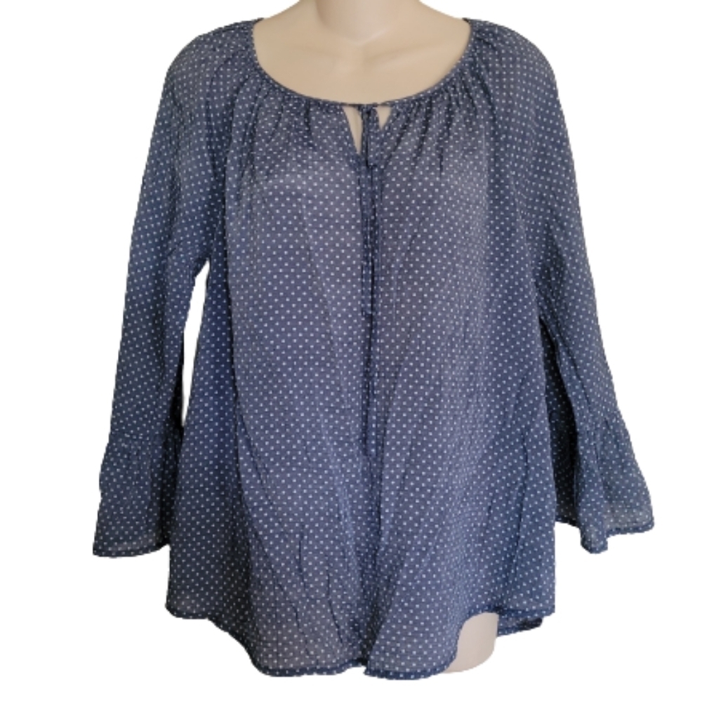 Fred David Blue Polka Dot Ruffle Sleeve Blouse with Tie Front Size Women's Small